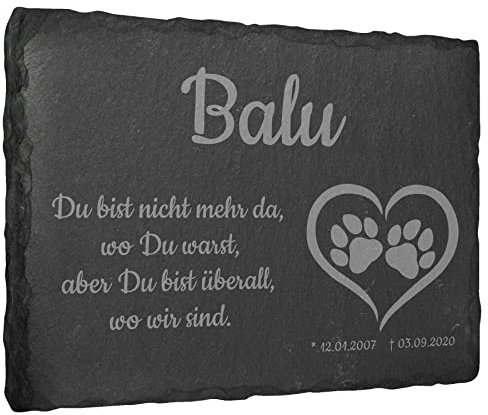 mtb more energy Gedenktafel Grabstein Schiefertafel - Pfoten in Herz ''Du bist Nicht mehr da'' - personalisierbar - 20x15 cm - Grabplatte Haustier Hund Katze