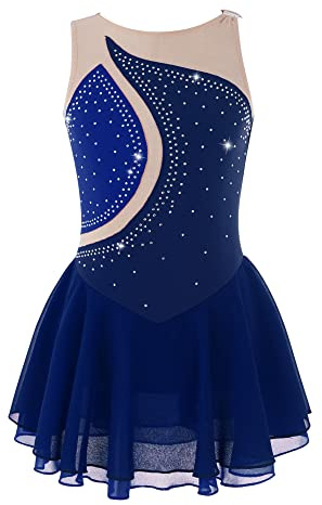 iEFiEL Eiskunstlauf Kleid Mädchen Glitzer Ballettkleid Ärmellos Ballettanzug Ballett Trikot Body mit Strass Wettbewerb Kostüm Gymnastikanzug Y Dunkelblau 170-176