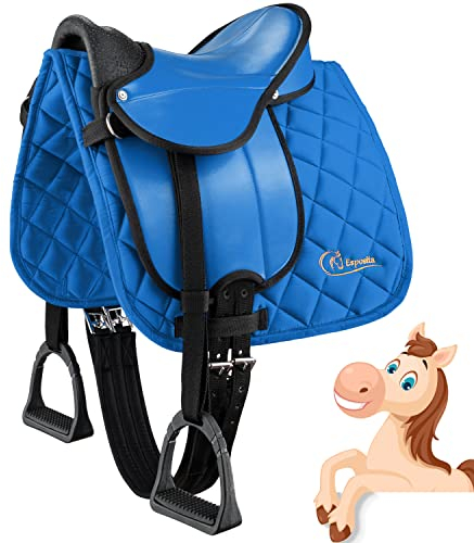 Esposita Shetty Sattel Set zum Reiten für Kinder, geeignet für Shettys, echte Ponys und Holzpferde oder Plüschpferde - Komplettset: Sattel, Satteldecke, Sattelgurt, Steigbügel, Riemen (Blau)