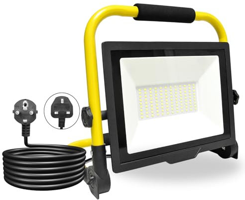 PICAA 75W Projecteur de Chantier LED avec Prise, 7500LM Lampe d'extérieur Pliable Portable Projecteur Led, Rotation à 360° Pour Travaux d'atelier, Garage, Terrasse, Jardin, Etanche IP66 6000K Blanc
