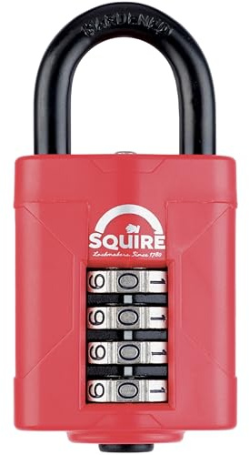 Squire Heavy Duty Padlock (CP50RED) - Toughest Steel Shackle - 4 Wheel 50mm Wide Combination Padlock (Red) - Alloy Steel for Corrosion Resistance - Weatherproof Lock for Home, School & Garage