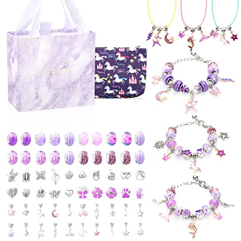TOYESS Geschenke für Mädchen, Schmuck Basteln Mädchen, Charm Armband Kit DIY, Bastelset Kinder Adventskalender 5 6 7 8 9 10 11 12 Jahre, Lila