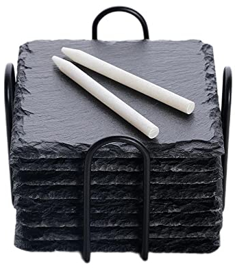 WLWNWFT Schiefer Untersetzer für Gläser 8er Set, Untersetzer Schiefer Glasuntersetzer mit Halter, Tischuntersetzer Getränkeuntersetzer inkl. Kreidestift
