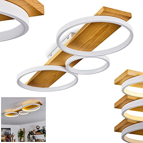 HOFSTEIN LED Deckenleuchte Rodekro, dimmbare Deckenlampe aus Metall/Holz in Weiß/Naturfarben, dimmbar über Lichtschalter, moderne Leuchte mit Holzbalken, 32 Watt, 3000 Kelvin, 3700 Lumen