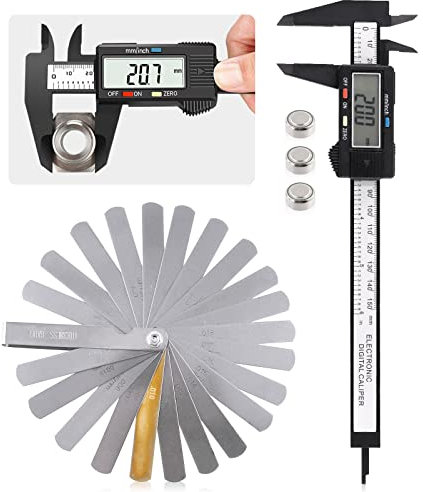 Glarks 5Pcs Digital Caliper and 32 Blades Steel Feeler Gauge with Battery Set, 0-6 inches Electronic Caliper Inch/Fraction/Millimeter Conversion Measuring Tool with Large LCD Screen
