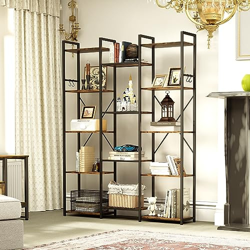 YITAHOME Bookcase, Floor Standing Book shelf with 14 Shelves and Hooks Tall Shelving Unit Display Storage Rack with Stable Metal Frame for Living Room, Home Office, Rustic Brown Bookshelf