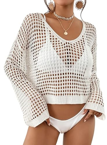 Bsubseach Mujer Crochet Top Traje de Baño de Playa Cubierta de Manga Larga Hueco Ropa de Verano Blanco