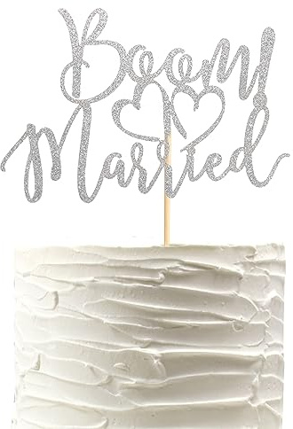 Arthsdite BOOM! Married Wedding Cake Topper, Funny Cake Topper, Quirky, Nerdy Topper, Married Bridal Shower, Engagement Wedding Party Supplies - Silver Glitter