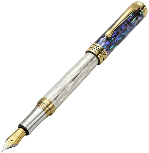 Xezo Maestro Fountain Pen, Medium Nib. Solid 925 Sterling Silver with Blue Pāua Sea Shell and 18 Karat Gold Plating. Handcrafted, Limited Edition, Serialized