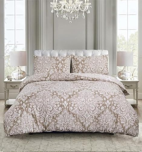 BSL 4 Piece Duvet Cover Bedding Set Quilt Cover with Matching Pillow Cases and Extra Fitted Sheet Included Hypoallergenic Soft Breathable Bed Cover Machine Washable (Royal Damask Beige, Double)