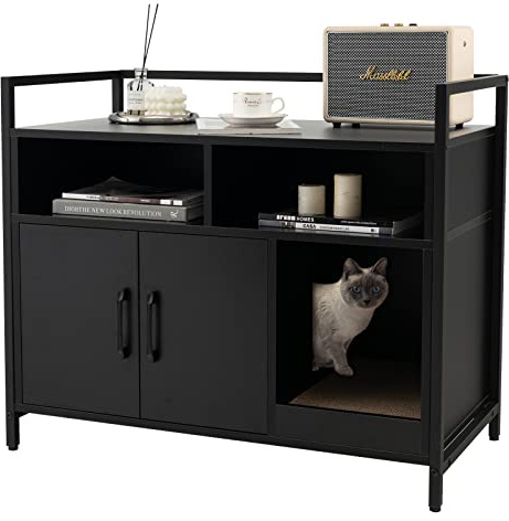 GOPLUS Katzenschrank, Katzentoilette mit Doppeltüren & stabilem Metallrahmen & Kratzbrett & 2 Fächern, Katzenhaus für Katzen Hunde, für den Innenbereich Eingang Wohnzimmer (Schwarz)