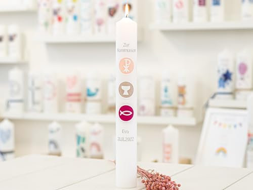 meinkerzenshop Kommunionkerze Eva personalisiert mit Name und Datum, individuell und mit Echtwachs handverziert für Junge und Mädchen
