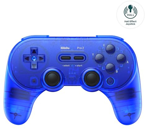8Bitdo Pro 2 Bluetooth Controller with Hall Effect Joysticks, 2 Pro Back Paddle Buttons, Wireless Gaming Controller for Switch/Switch 2, PC, Android, and Steam Deck & Apple(Transparent Blue Edition)