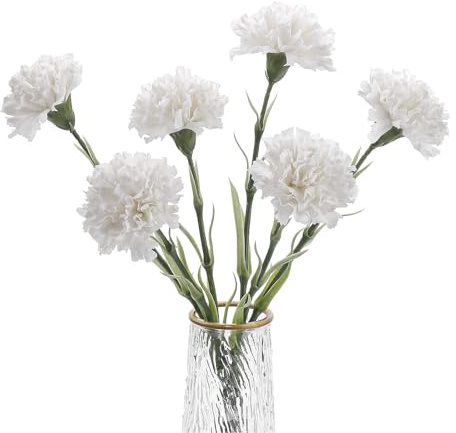 DuHouse Künstliche Nelken, Seidenblumen, Weiß, 6 Stück | Latex Real Touch Kunstblumen, 45 cm lange Stiele, für Hochzeit, Zuhause, Tischdekoration & Vasen.