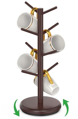 BAMBANG Kaffeetassenbaum aus Bambus, drehbarer Kaffeetassenhalter für die Theke, Kaffeetassenregal mit 8 Haken, Kaffeetassen-Organizer, Tassenständer-Aufhänger für Kaffeebar, Espresso