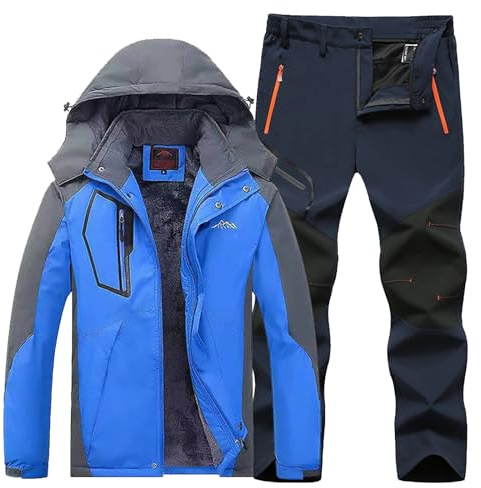 Combinaison de ski pour femme et homme - Ensemble 2 pièces - Combinaison de ski d'extérieur - Coupe-vent - Avec capuche - Respirant - Veste softshell / pantalon de neige - Hiver - Snowboard