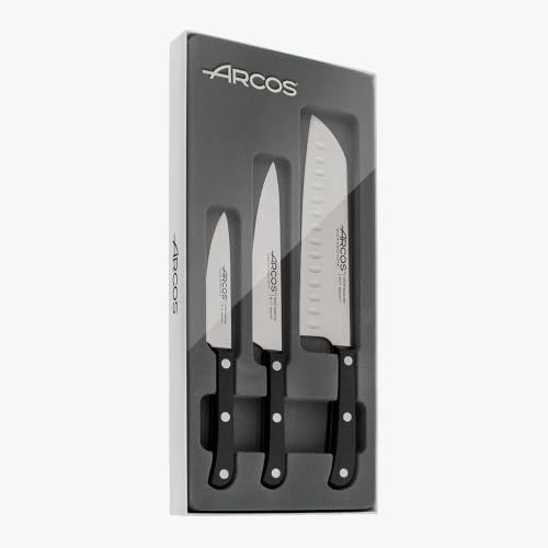 Arcos Serie Europa - Set de Cuchillos de Cocina 3 piezas (Mondador + Cocina + Santoku) - Hoja de Acero Inoxidable NITRUM - Mango de Polioximetileno (POM) - Color Negro | Mondador 100 mm + cocina 150 mm + santoku 180 mm. Mango de POM. Serie Europa.