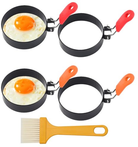 4 Pezzi Stampo Pancake 7.6cm con Maniglia Pieghevole Anelli per Uova in Acciaio Inox con Manici Pieghevoli in Silicone e Spazzola per Olio Stampo per Pancake per Omelette Frittelle Dolci Muffin