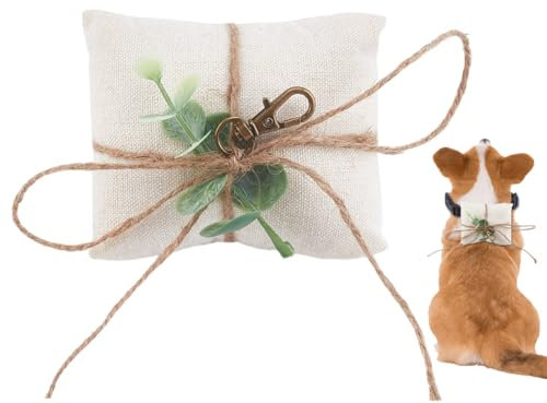 DELORIGIN Portatore di anelli per cani, cuscini per fedi nuziali con chiusura in lega per collare per cani, iuta con foglie in pizzo vecchio, per proposte di fidanzamento e matrimonio, accessorio per