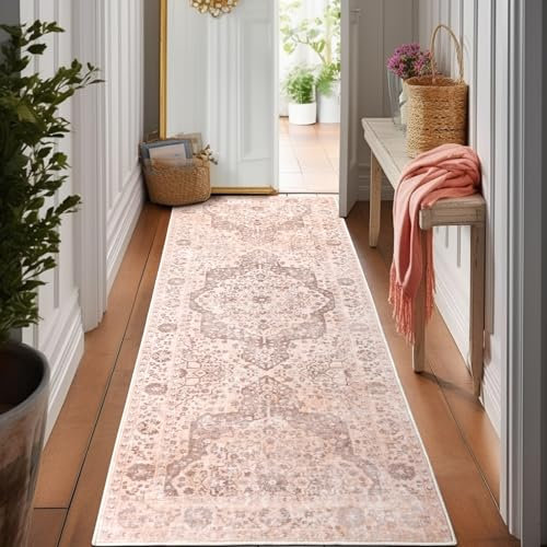 TUKDAK Rosa Vintage Teppich Läufer Flur 60x180 cm, Teppichläufer für Flure rutschfest, Waschbar Kurzflor Küchenläufer, Küchenteppich für Flur Waschküche Eingang Wohnzimmer