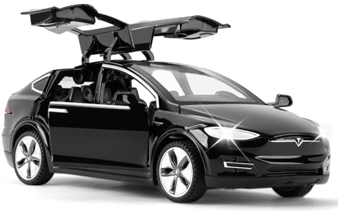 MODVKVK Tesla modell X 1:32 bilmodell, leksaksbil med ljus & musik, drag tillbaka-funktion, legering formgjuten, idealisk för barn från 3 år och samlare (svart)