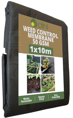 Dihl 1M x 10M Weed Barrier Control Membrane, Non-Woven UV Stabilised Ground Cover, Black, High-Density Polypropylene. For Landscaping, Patios, Flower Beds, Grass, and More. 10M² Covereage