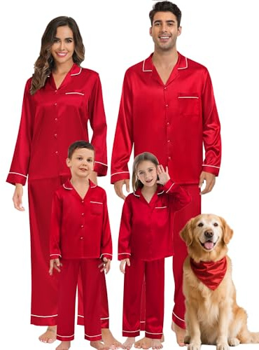 SWOMOG Family Matching Pyjamas Silk Satin Long Sleeve Sleepwear Button Down Loungewear 2 Pcs Pj Set Women Red X-Large