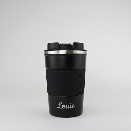 cribstar Personalised Engraved Insulated Travel Mug | Stainless Steel Tumbler | Double-Walled Tea/Coffee Cup | Leak-Proof & Reusable | Keeps Hot 12h / Cold 24h | Thermal Mug (Black, 380ml)