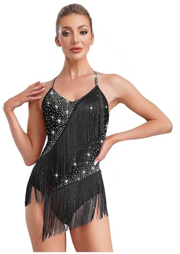 inhzoy Donne Balletto Body da Danza Classica Ginnastica Ritmica Senza Maniche Body da Ballo Latino Americano Tango con Nappe Frange Ballet Leotard Costume da Pattinaggio