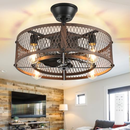DINGLILIGHTING DLLT Caged Ceiling Fan with Light: 20 Farmhouse Fandelier with Light and Remote Control - Walnut Quiet DC Motor Rustic Chandelier with Fan for Bedroon Kitchen Living Dining Room