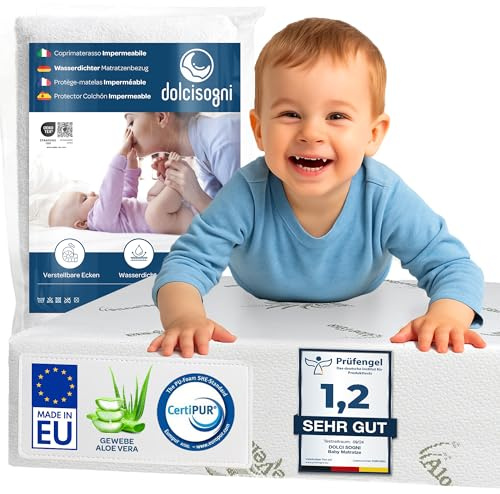 DOLCI SOGNI Matratze 70x140 cm für Babybett und Kinderbett mit 2 Wasserdichten Matratzenschonern, Aloe Vera Bezug Abnehmbar und Waschbar, Oeko-TEX® & CertiPUR™, 10 cm Höhe