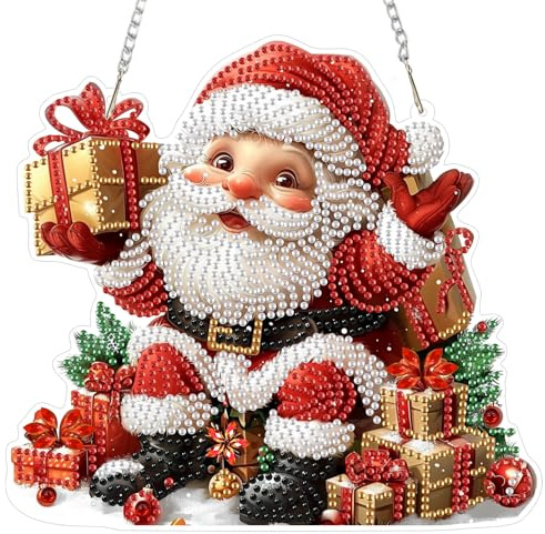 Diamond Painting Anhänger, Süßer Weihnachtsmann, Diamant Painting fensterdeko hängend, Geschenk Weihnachten, Diamond Art Fensterbilder mit Kette, Wandbehang Kits für Fenster Wand und Eingang Decor