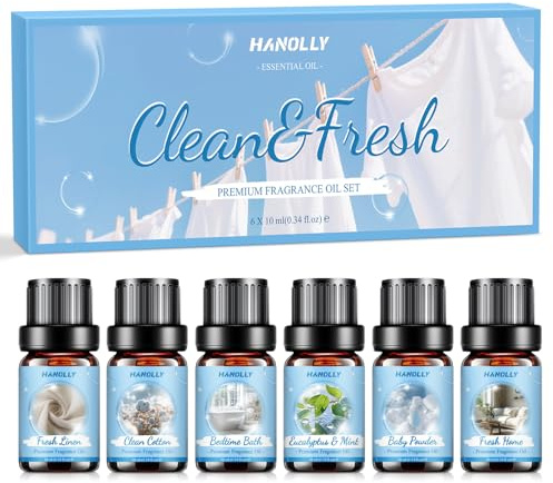 HANOLLY Aceites Esenciales Limpio & Fresco 6x10ML, Juego de Aceite Esencial Naturales para Humidificador Velas- Lino Fresco, Polvo de Bebé, Cotone Puro, Algodón Limpio, Eucalipto Menta, Baño Relajante