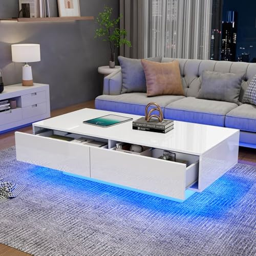 EURHCIO Table Basse Salon Blanche 55x115x34 cm,Coffee Table D'appoint,Meuble Bas Rangement avec 2 tiroirs,Éclairage LED et Capacité de Charge de 30 kg,pour Salon (A-Blanc)