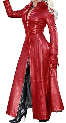 Läderkappa Dam Trenchcoat Dam Lång M-4XL, Enfärgad Vindjacka Tillverkad Av Konstläder Vinterjacka Med Lång Nedfällbar Krage Avslappnad Långärmad Läderjacka Konstläder jacka(Rouge,M)