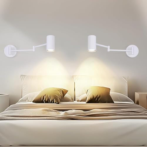 Homefire Wandleuchte Innen Wandlampe GU10 2 Stück Wandstrahler Weiß | Wandleuchten Modern Schlafzimmerlampe Langer Arm Schwenkbar Metall Wandbeleuchtung für Wohnzimmer Flur - Ohne Leuchtmittel