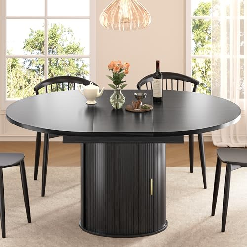 DHH 47-63 Extendable Round Dining Table for 4–8 with Storage, Mid Century Modern Farmhouse Wood Oval Dinner Table with Pedestal Base for Kitchen, Living Room (Black)