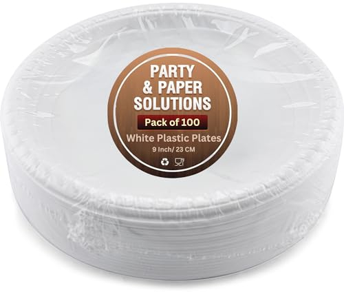 100 WHITE PLASTIC PLATES - 9 inch/23cm quality durable plates ideal for hot and cold food