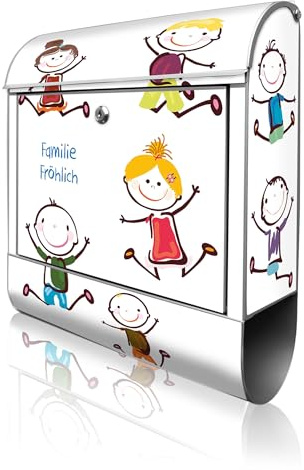 banjado Design Briefkasten personalisiert 38,5x46,5x13cm & 2 Schlüssel - Briefkasten Stahl Silber Zeitungsfach pulverbeschichtet - Postkasten A4 Einwurf inkl. Montagematerial - Motiv Happy Kids