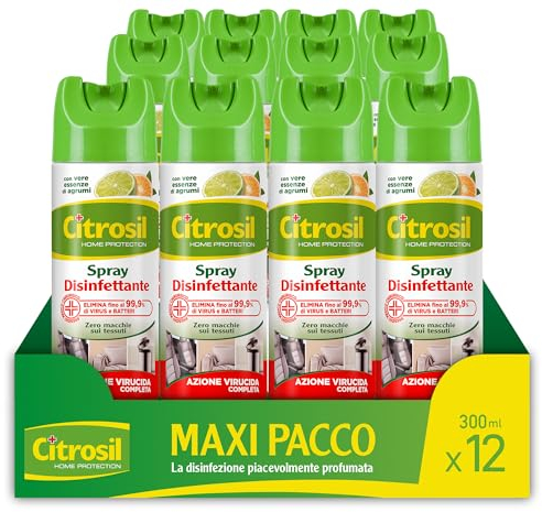 Citrosil Disinfettante Spray, Azione Virucida Completa, Elimina Fino al 99,9% di Virus e Batteri, Essenza di Agrumi, 300 ml x 12 Confezioni