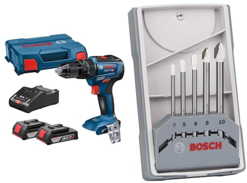 Bosch Professional 18V System Cordless Combi Drill GSB 18V-55 (2x2.0 Ah Battery, Charger 18V-40, in L-BOXX 136) + 5 pcs. CYL-9 SoftCeramic Tile Drill Bit Set (for Soft Ceramic Tiles, Ø 4-10 mm)