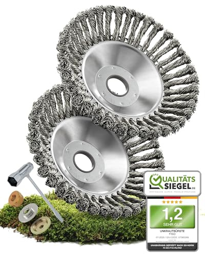 FISO® Profi Unkrautbürste - 2 Stück I Universal Wildkrautbürste für Motorsense - 25,4mm Bohrung & 20mm Adapter I Drahtbürste Freischneider für effektive Unkrautentfernung I Unkraut Bürste