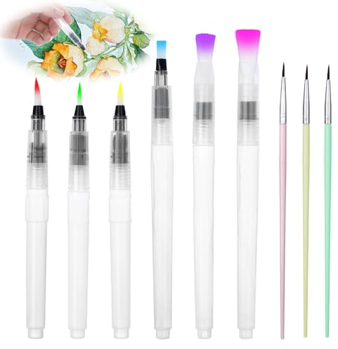 6 Stück Wassertankpinsel Aquarell and 3 Stück Aquarell Pinsel, Pinsel mit Wassertank, Wasserpinsel, Watercolor Brush, Wasserstift, Pinselset Schule