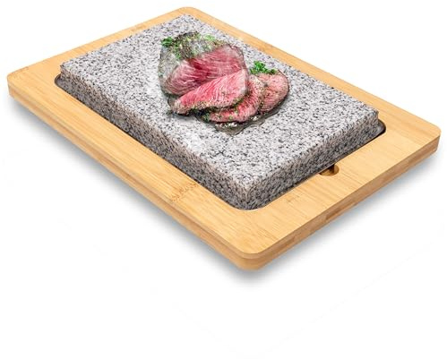 NutriChef Sizzle Hot Cooking Stone Grill with Bamboo Platter, Tabletop Granite Stone Grill with Non-Slip Handles, Adjustable Temperature Control, 550°F Max Heat - Perfect for Meats and Vegetables