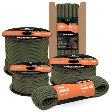 Kamu Synber 550 Paracord 4mm 10m 7 Hebras Cuerda Paracord de Nylon Tipo III Cuerda Paracaídas para Supervivencia, Camping, al Aire Libre, Bricolaje | Soporta 250kg | Verde Militar