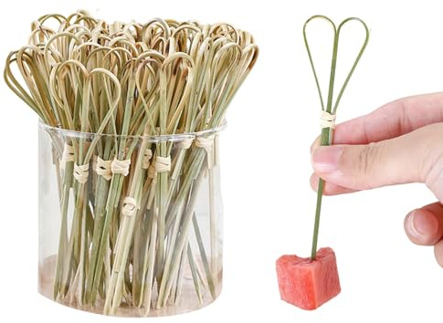 100PCS Bamboos Cocktail Picks,Heart Shape Bamboo Skewers for Appetizers, Cocktail Toothpicks, Handmade Knot Bamboo Toothpicks Cocktail Skewers,BBQ Accessories,Fruit Pick Sticks(4.7 Inch)