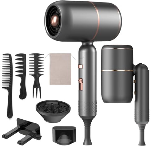 Carehabi Secador de pelo de iones de 2400 W constante, secador de viaje plegable con interruptor frío/calor, 5 velocidades, 1 concentrador y difusor, ideal para todo tipo de cabello