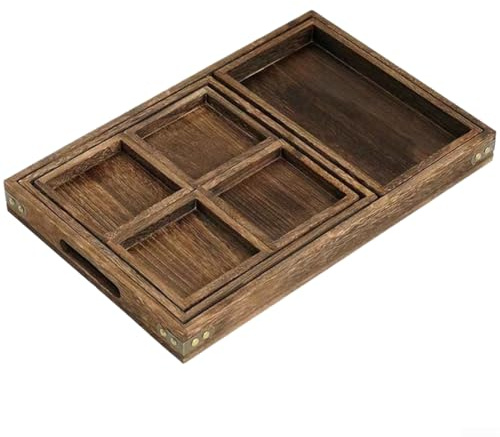 Ensemble de 7 plateaux à thé en bois de style japonais – Grand plateau de service en bois de paulownia pour thé, café, salle à manger – Lisse poli, facile à nettoyer (A)