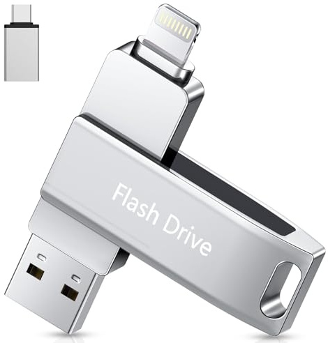 Lncnnnk USB-minne 256 GB för MFi-certifierad, USB 3.0 Lightning-USB-flashenhet, 3-i-1 USB-flashenhet, extern USB C-minne för säkerhetskopiering för iOS/iPad/Android/PC, silver