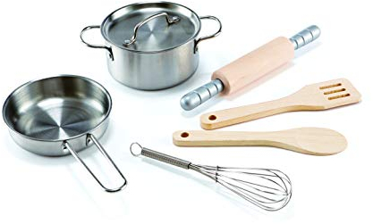 Hape Kochset für Küchenchefs – 7-teiliges Küchenzubehör aus Edelstahl mit Topf, Pfanne & Kochlöffel, Rollenspiel-Kochset, ab 3 Jahren